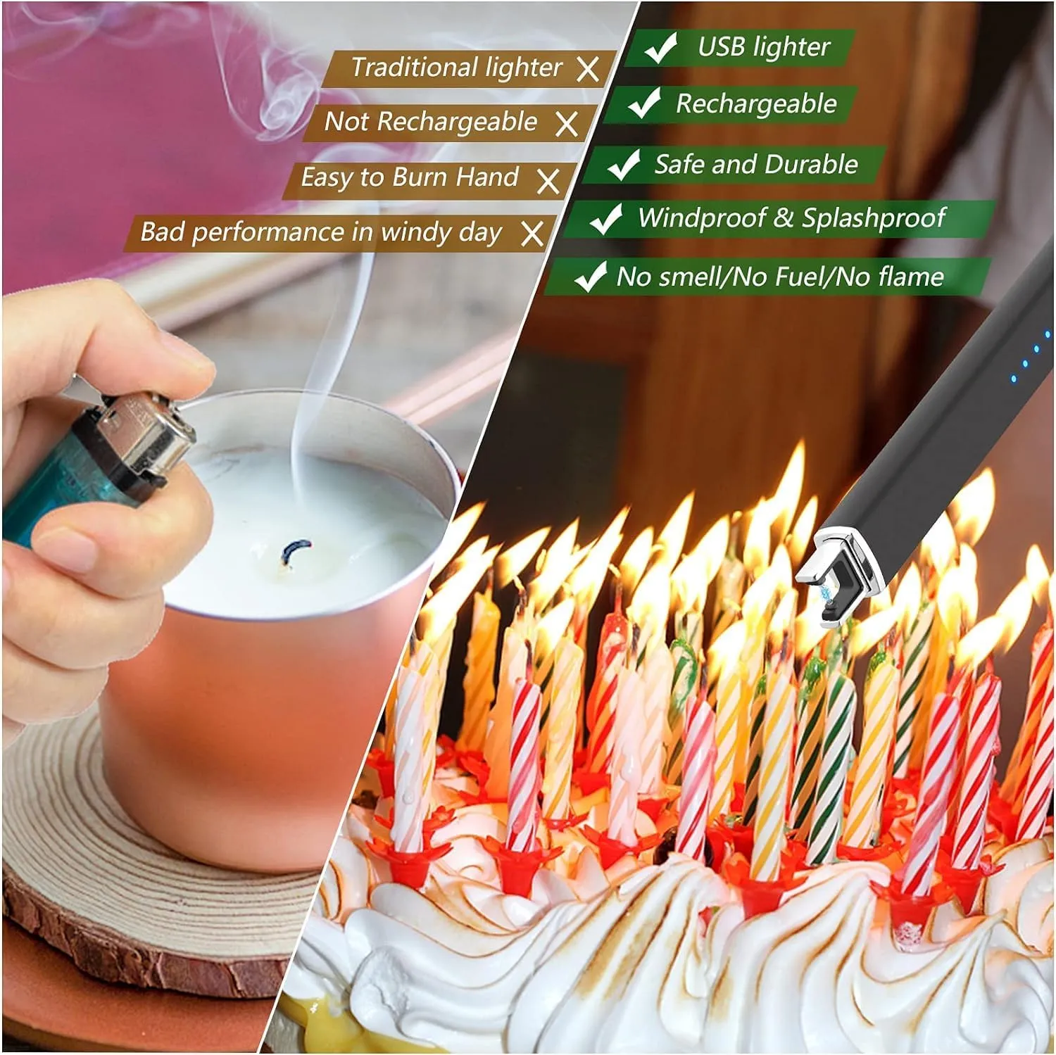 2 Pack Electric Candle Lighter - Long, Rechargeable, Arc Windproof, Flameless Lighters for Candle, Camping, BBQ, Birthday Gifts