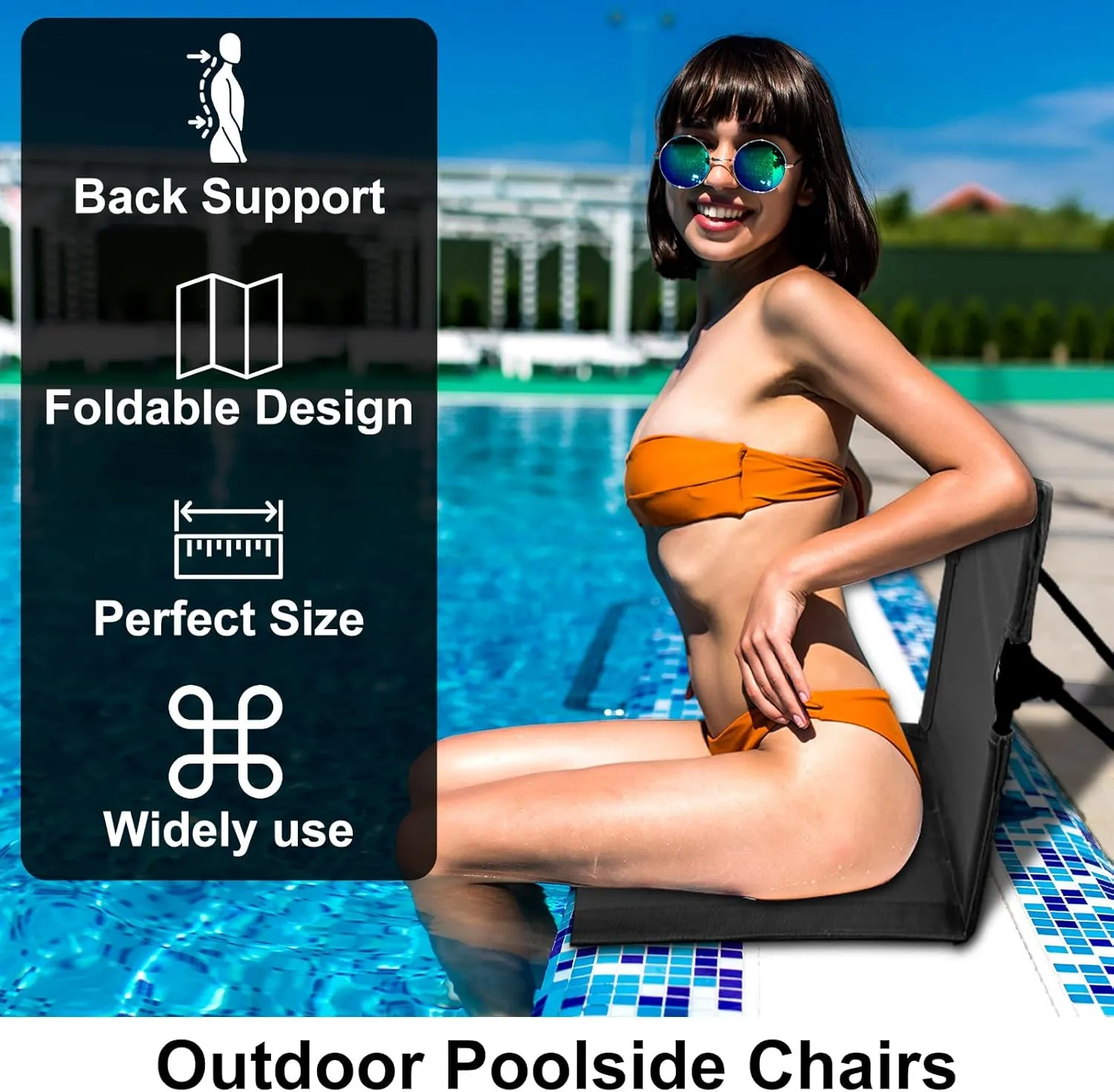 2 Pack Foldable Seat for Poolside Chairs, Portable Outdoor Poolside Chairs for Edge of Pool, Beach Chair, SwimmingPool Accessories, Pool Seats for Edge,Beach Camping Picnic Lawn Accessories-Black