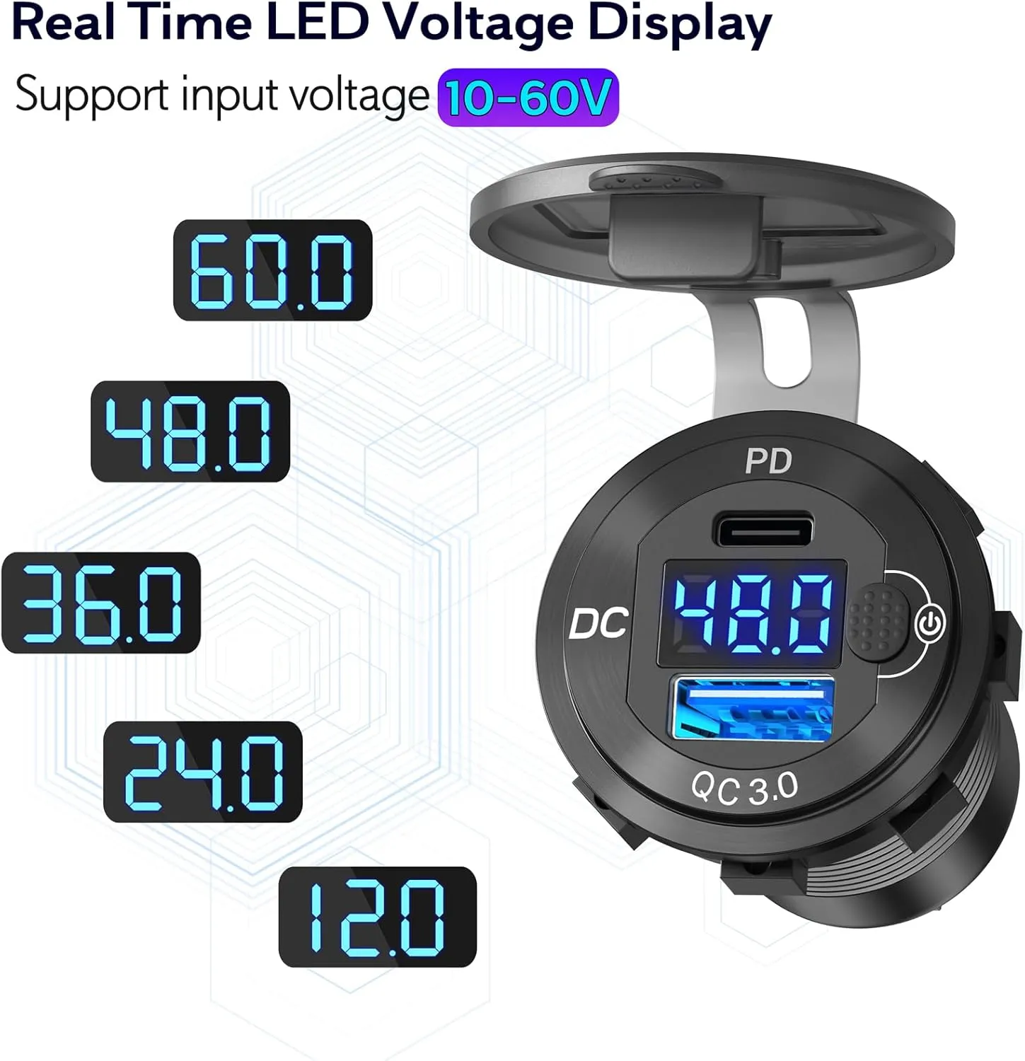 2 Pack High Voltage USB Outlet 12V 24V 36V 48V 60V Aluminum Car Charger Socket, PD 30W USB C and QC 36W Car USB Port Waterproof Cigarette Lighter Power Adapter DIY Kit with Switch for Ship Truck, etc.