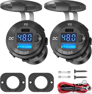 2 Pack High Voltage USB Outlet 12V 24V 36V 48V 60V Aluminum Car Charger Socket, PD 30W USB C and QC 36W Car USB Port Waterproof Cigarette Lighter Power Adapter DIY Kit with Switch for Ship Truck, etc.