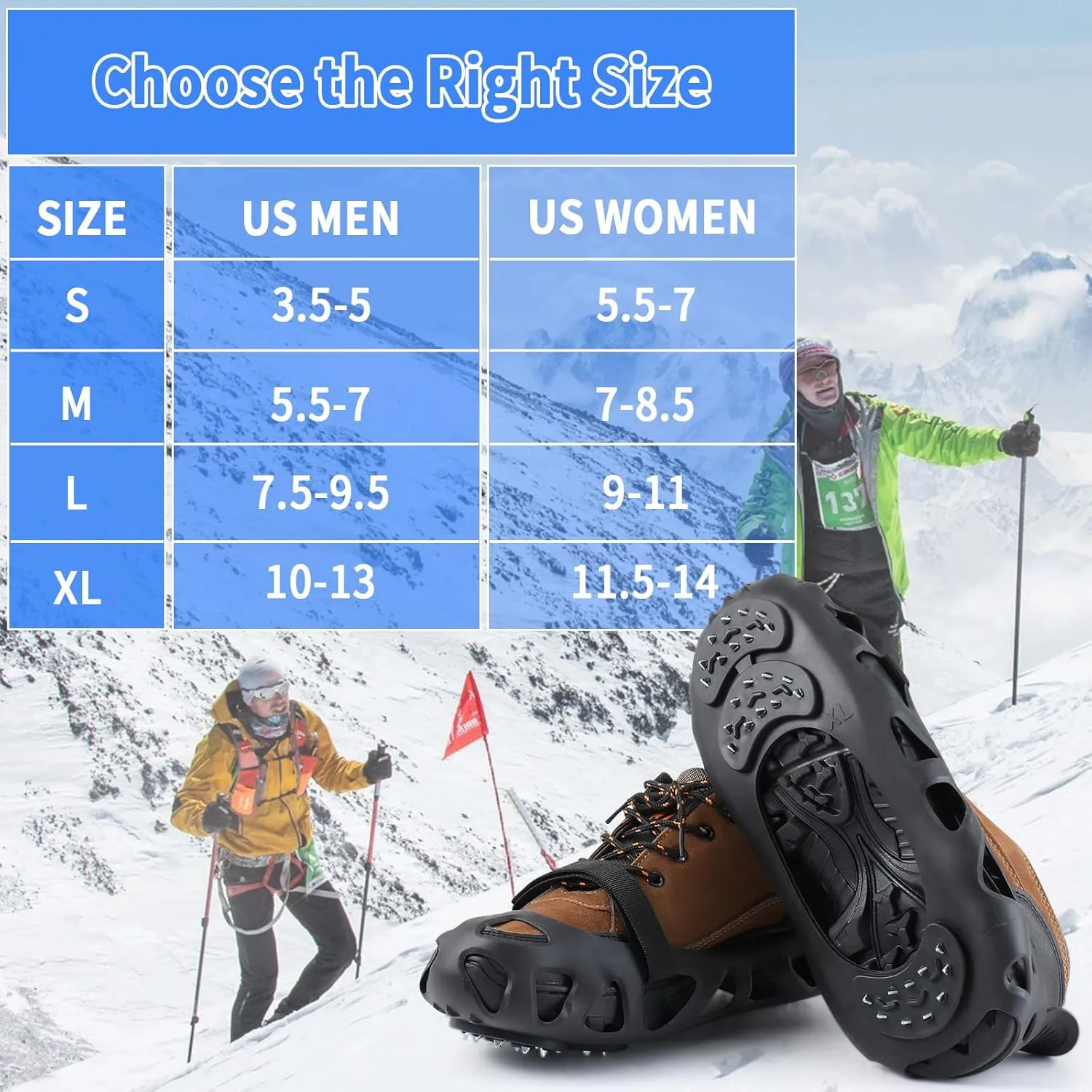 2 Pairs Non Slip Gripper Spikes for Shoes, Ice Traction Cleats with 8 Steel Studs Crampon for Walking On Snow and Ice, Shoe Spikes for ice Fishing, Hiking, Snow Shoveling