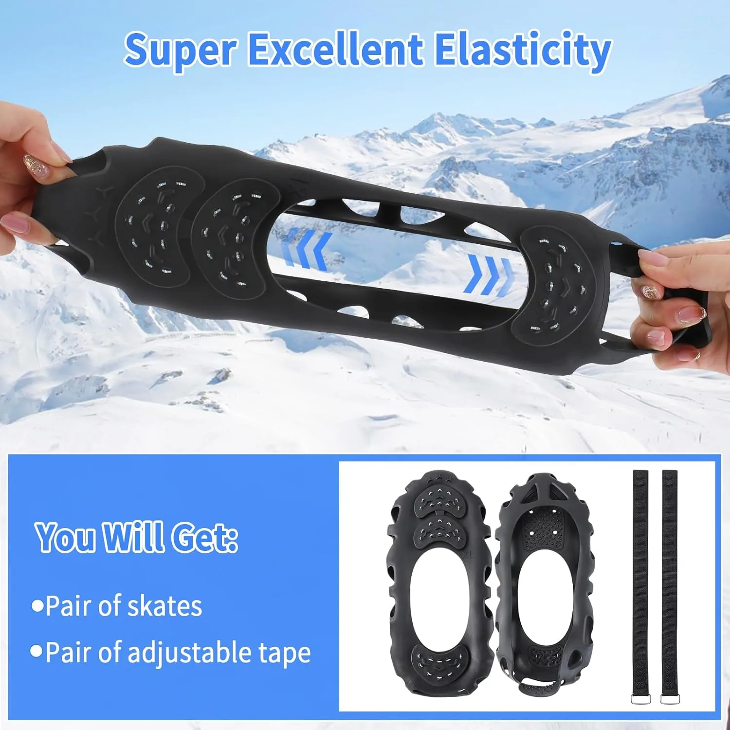 2 Pairs Non Slip Gripper Spikes for Shoes, Ice Traction Cleats with 8 Steel Studs Crampon for Walking On Snow and Ice, Shoe Spikes for ice Fishing, Hiking, Snow Shoveling