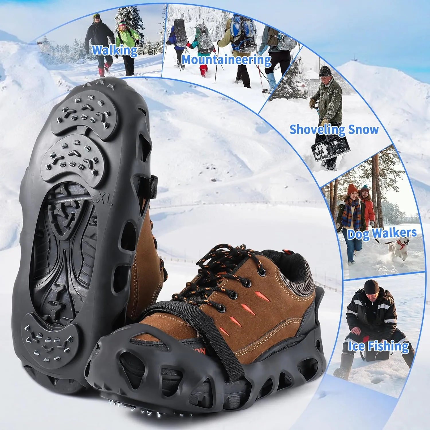 2 Pairs Non Slip Gripper Spikes for Shoes, Ice Traction Cleats with 8 Steel Studs Crampon for Walking On Snow and Ice, Shoe Spikes for ice Fishing, Hiking, Snow Shoveling