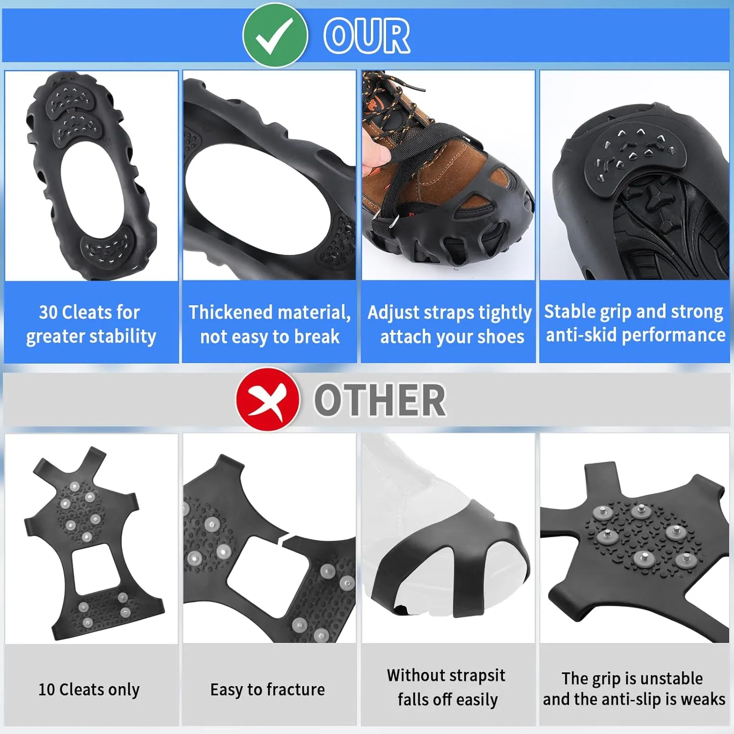 2 Pairs Non Slip Gripper Spikes for Shoes, Ice Traction Cleats with 8 Steel Studs Crampon for Walking On Snow and Ice, Shoe Spikes for ice Fishing, Hiking, Snow Shoveling