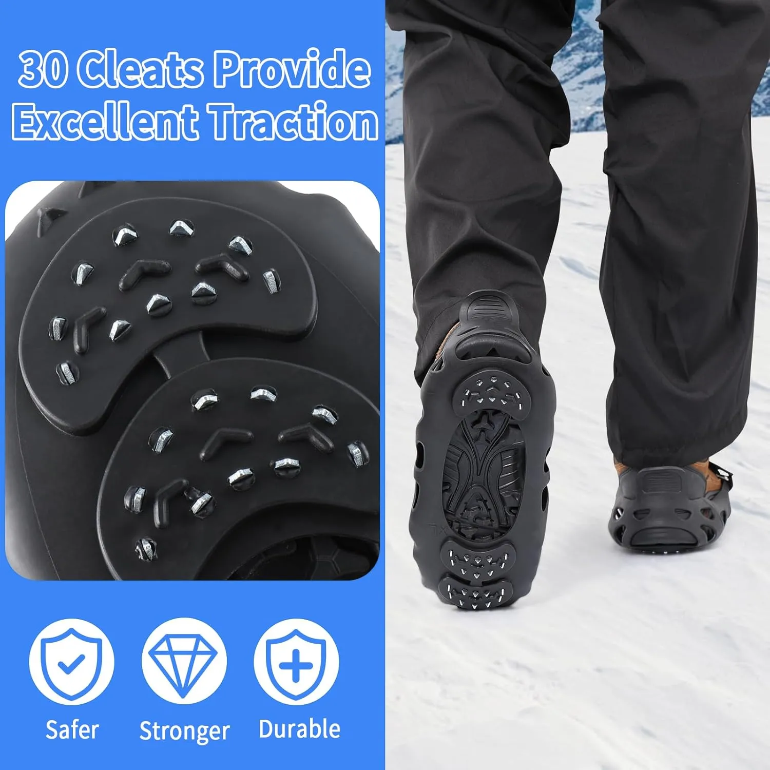 2 Pairs Non Slip Gripper Spikes for Shoes, Ice Traction Cleats with 8 Steel Studs Crampon for Walking On Snow and Ice, Shoe Spikes for ice Fishing, Hiking, Snow Shoveling