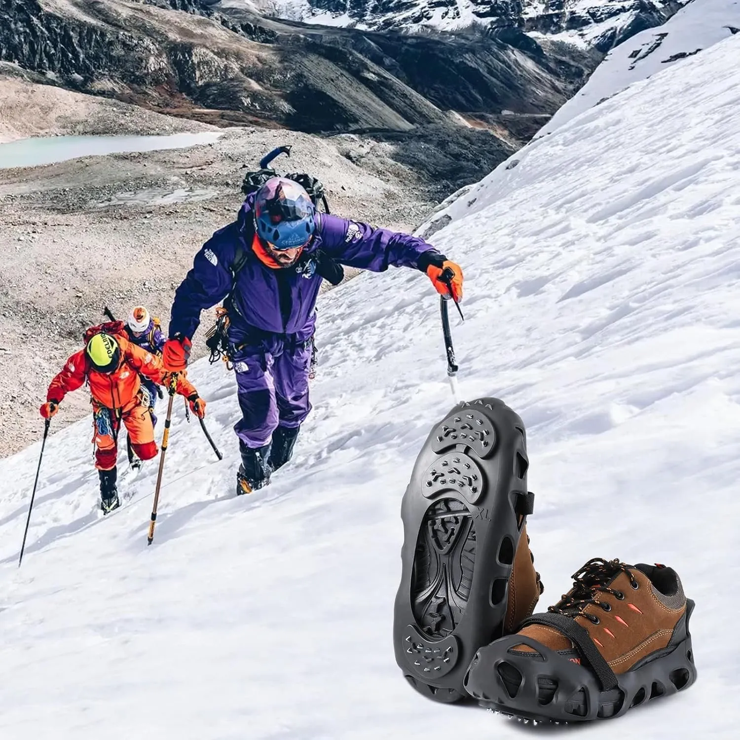 2 Pairs Non Slip Gripper Spikes for Shoes, Ice Traction Cleats with 8 Steel Studs Crampon for Walking On Snow and Ice, Shoe Spikes for ice Fishing, Hiking, Snow Shoveling