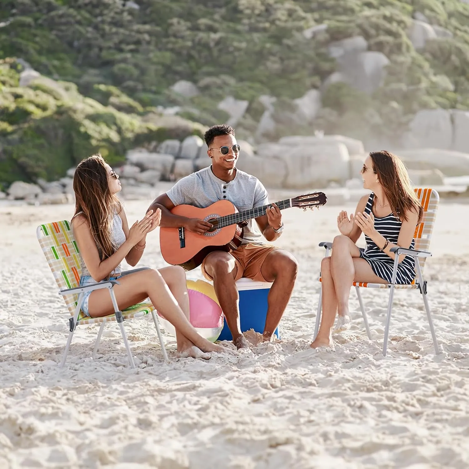 2 Pcs Folding Beach Chair Webbed Chair Portable Camping Chair, Patio Lawn Webbed Folding Chairs Set Folding Backpack Beach Chair for Camping Beach Travel Lawn Yard Garden