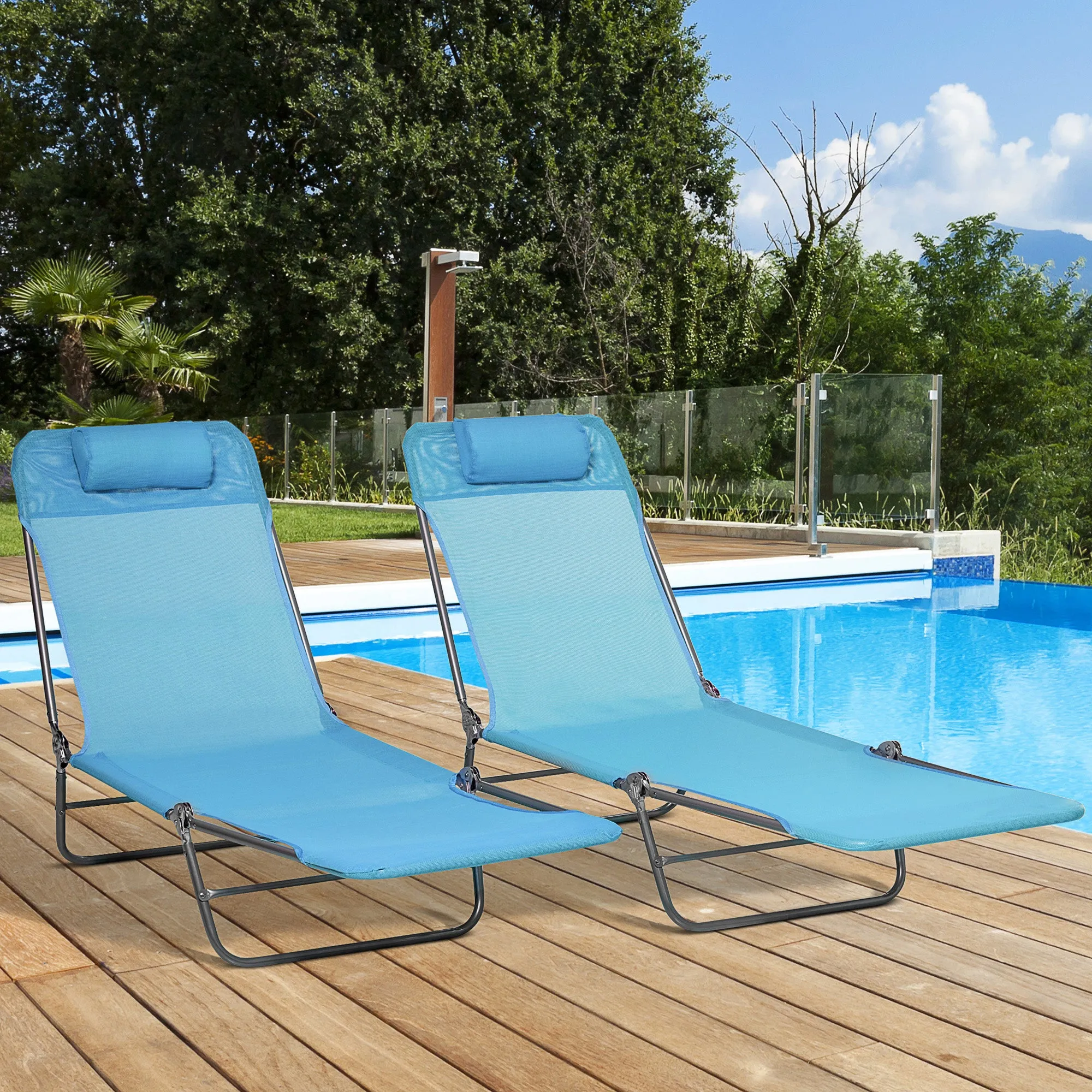2-Piece Folding Sun Loungers with Reclining Back, Breathable Mesh & Headrest, Blue