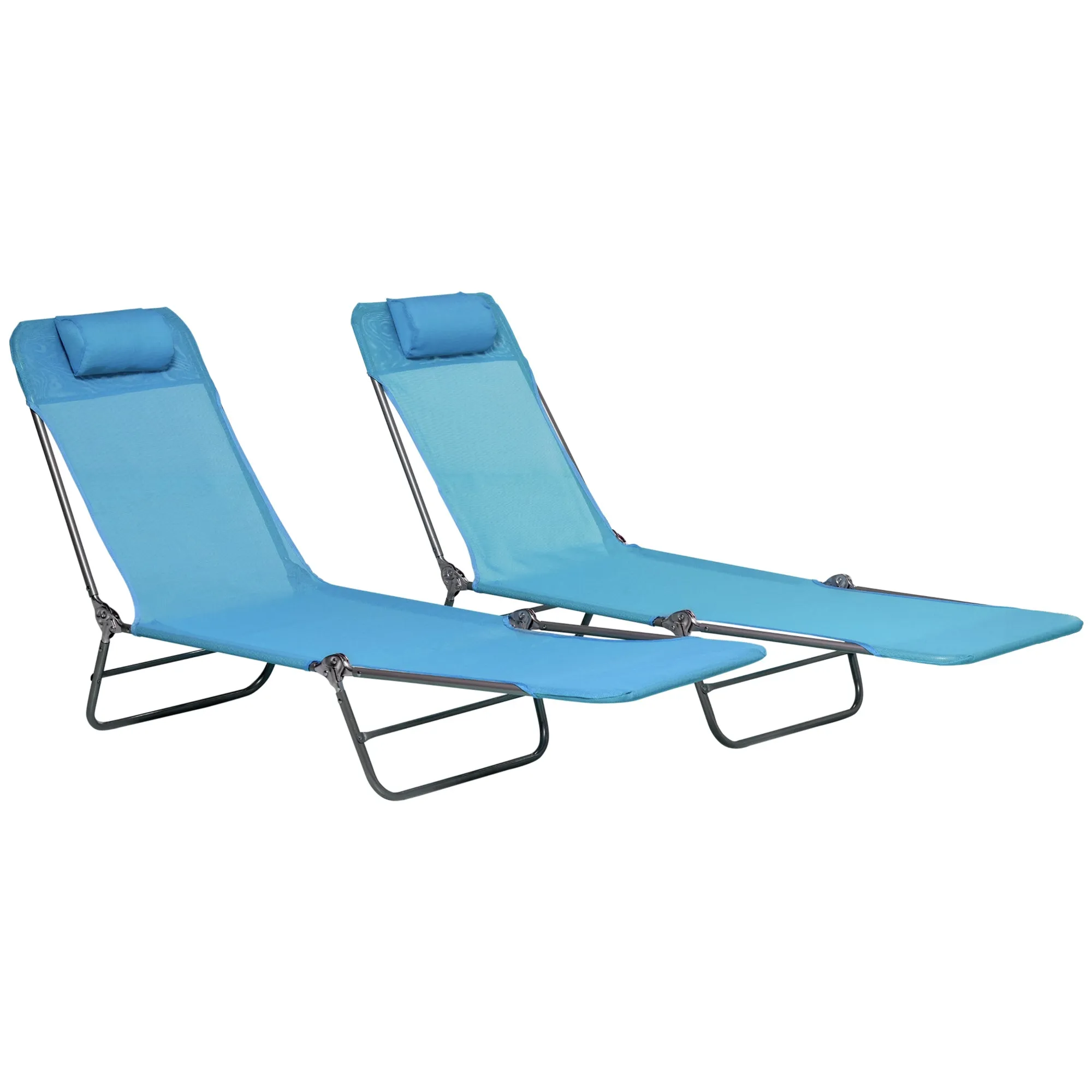 2-Piece Folding Sun Loungers with Reclining Back, Breathable Mesh & Headrest, Blue