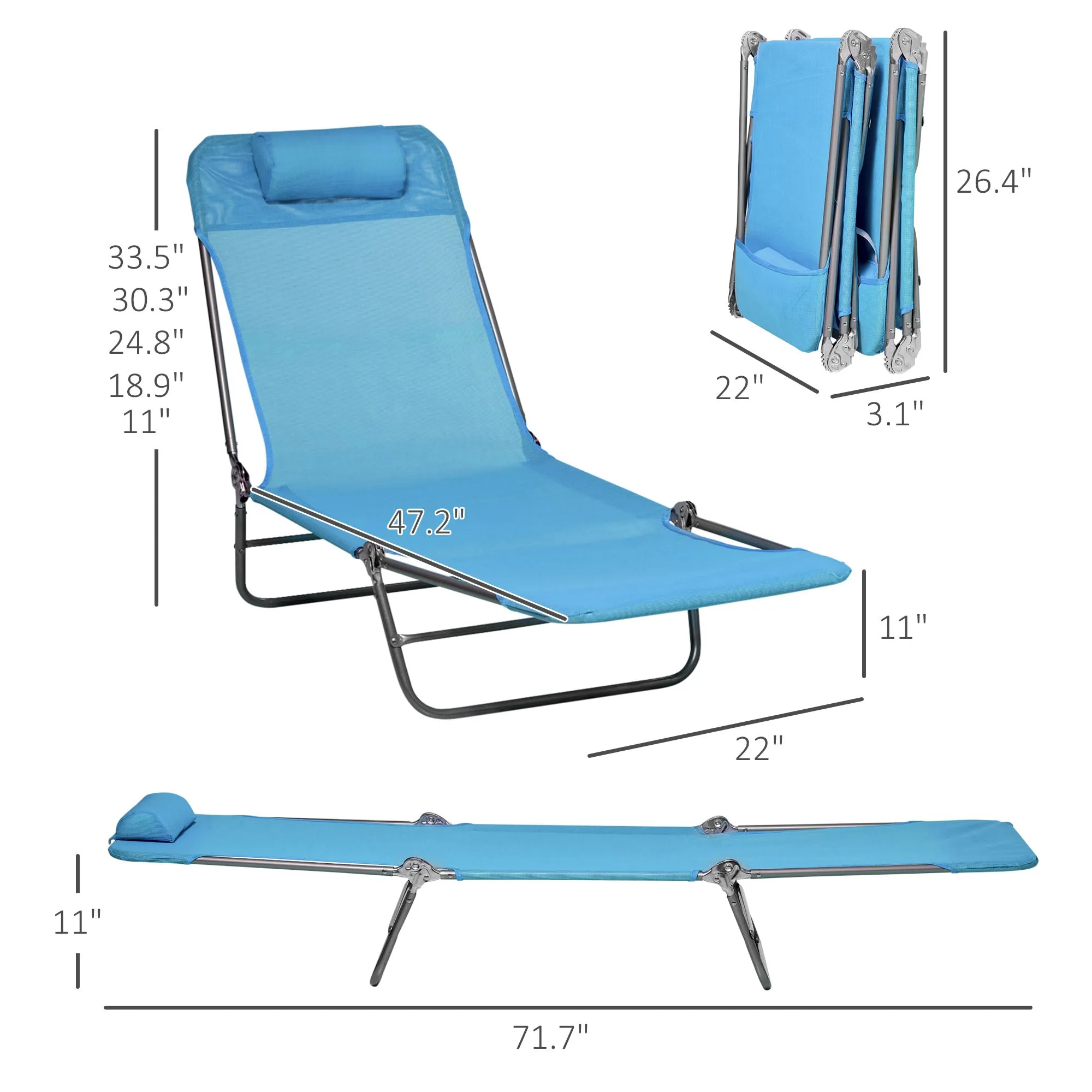 2-Piece Folding Sun Loungers with Reclining Back, Breathable Mesh & Headrest, Blue