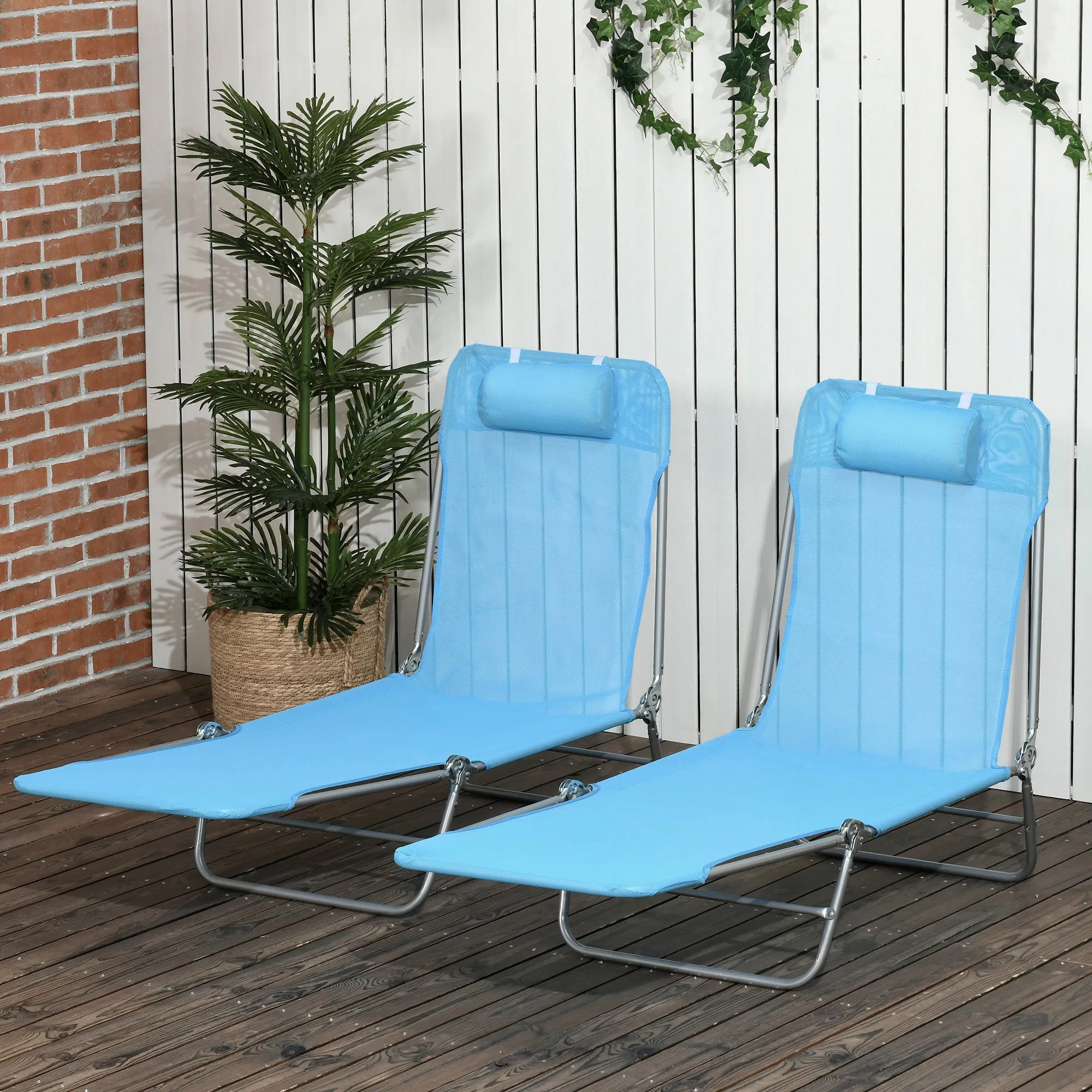 2-Piece Folding Sun Loungers with Reclining Back, Breathable Mesh & Headrest, Blue