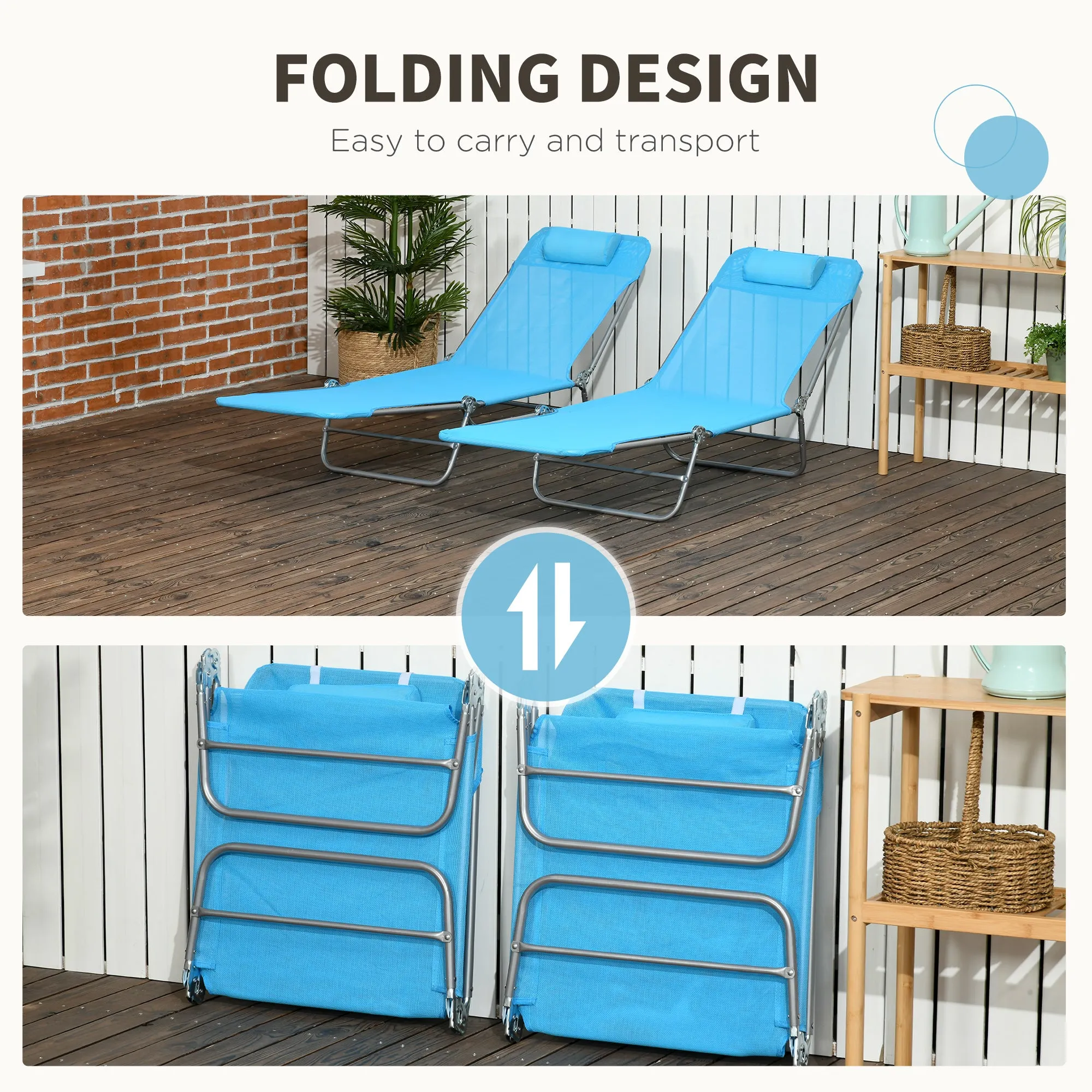 2-Piece Folding Sun Loungers with Reclining Back, Breathable Mesh & Headrest, Blue