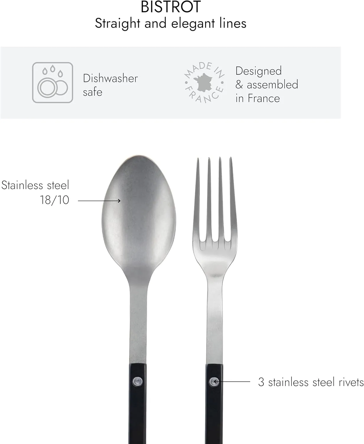 2-Piece Serving Set - Bistrot Vintage Collection - Large Fork & Large Spoon - Stainless Steel & Nylon - Dishwasher Safe - Black - Mat Finish