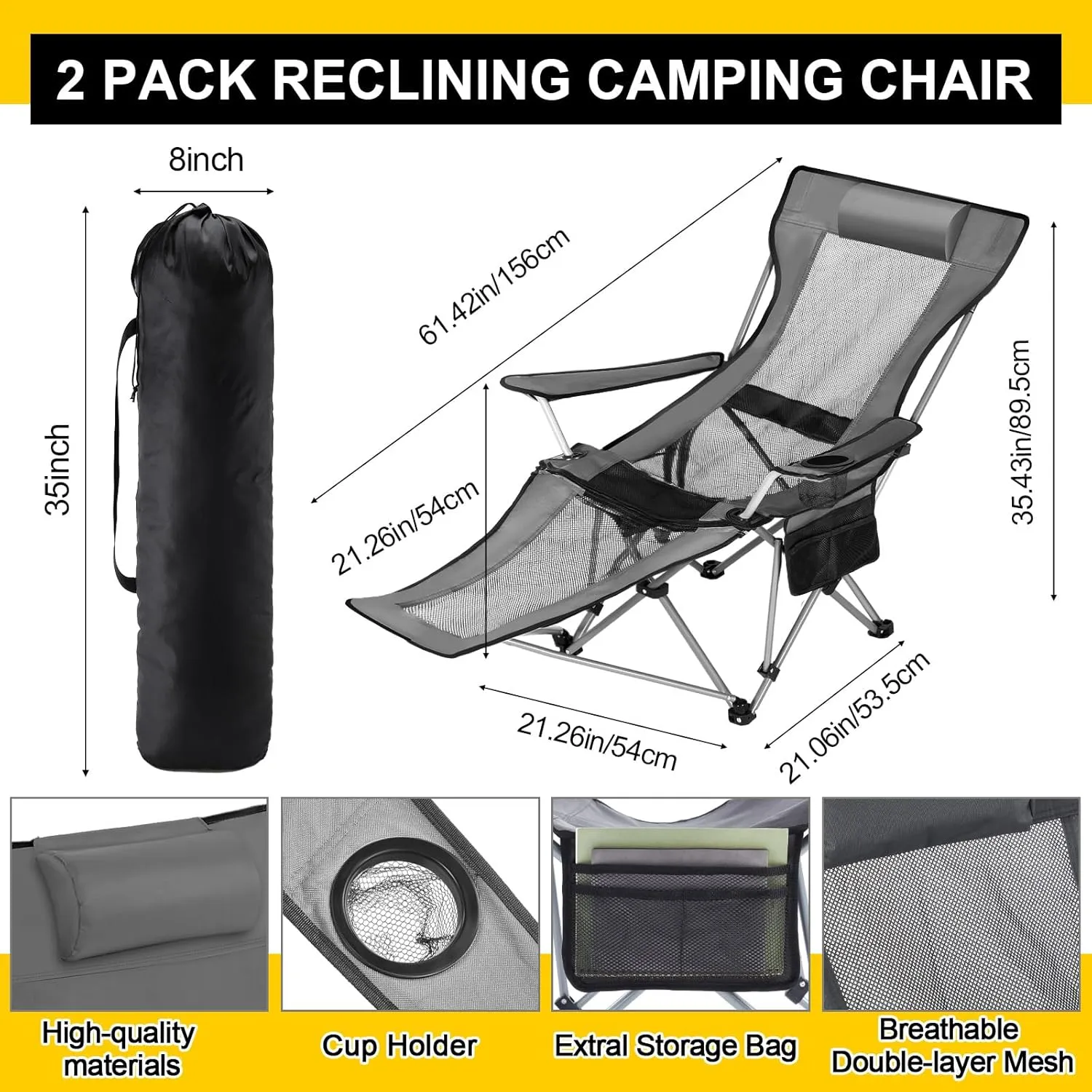2 Set Reclining Camping Chair with Umbrella, Camping Chair with Foot Rest, Adjustable Chair Umbrella with Clamp, SPF 50 , Folding Mesh Camping Lounger Chair for Outdoor (Grey)