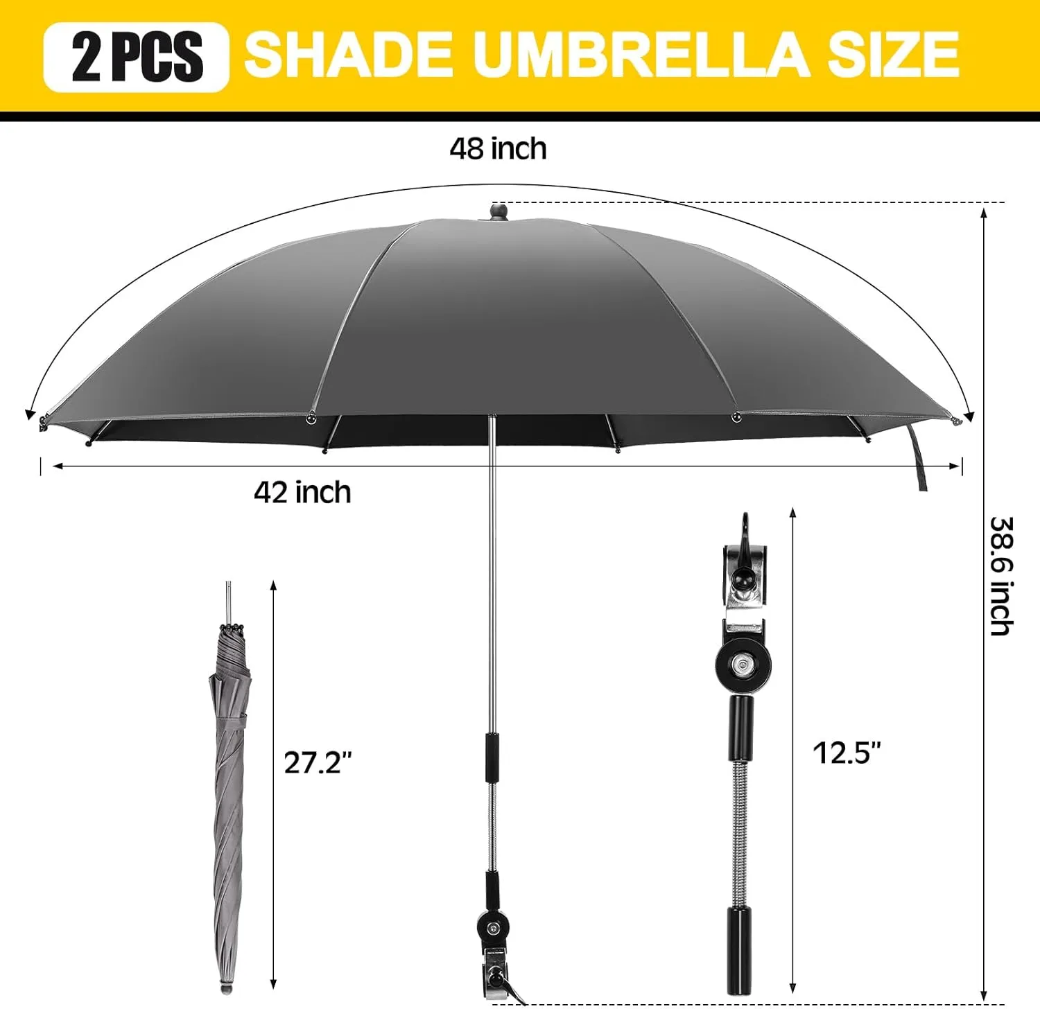 2 Set Reclining Camping Chair with Umbrella, Camping Chair with Foot Rest, Adjustable Chair Umbrella with Clamp, SPF 50 , Folding Mesh Camping Lounger Chair for Outdoor (Grey)