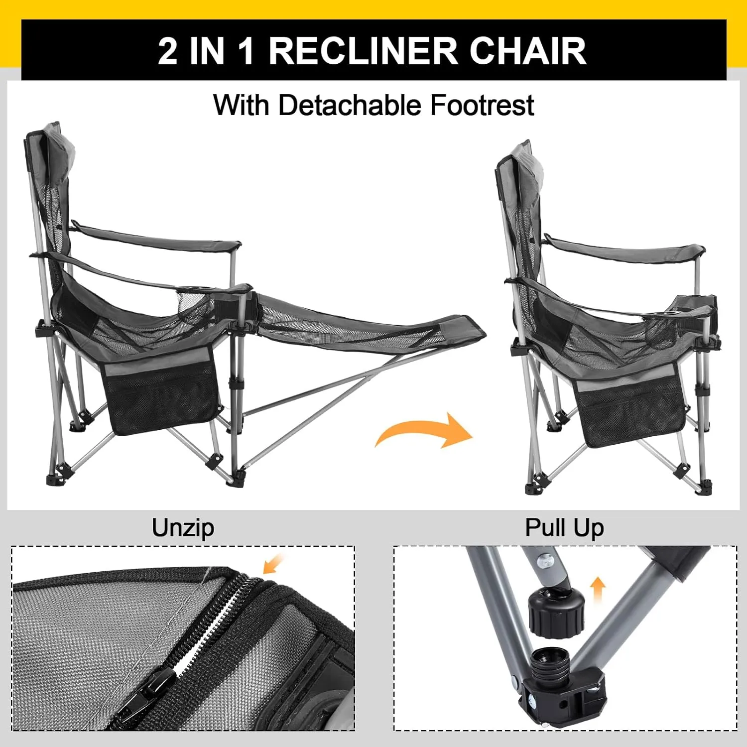 2 Set Reclining Camping Chair with Umbrella, Camping Chair with Foot Rest, Adjustable Chair Umbrella with Clamp, SPF 50 , Folding Mesh Camping Lounger Chair for Outdoor (Grey)