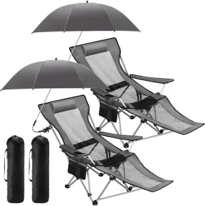 2 Set Reclining Camping Chair with Umbrella, Camping Chair with Foot Rest, Adjustable Chair Umbrella with Clamp, SPF 50 , Folding Mesh Camping Lounger Chair for Outdoor (Grey)