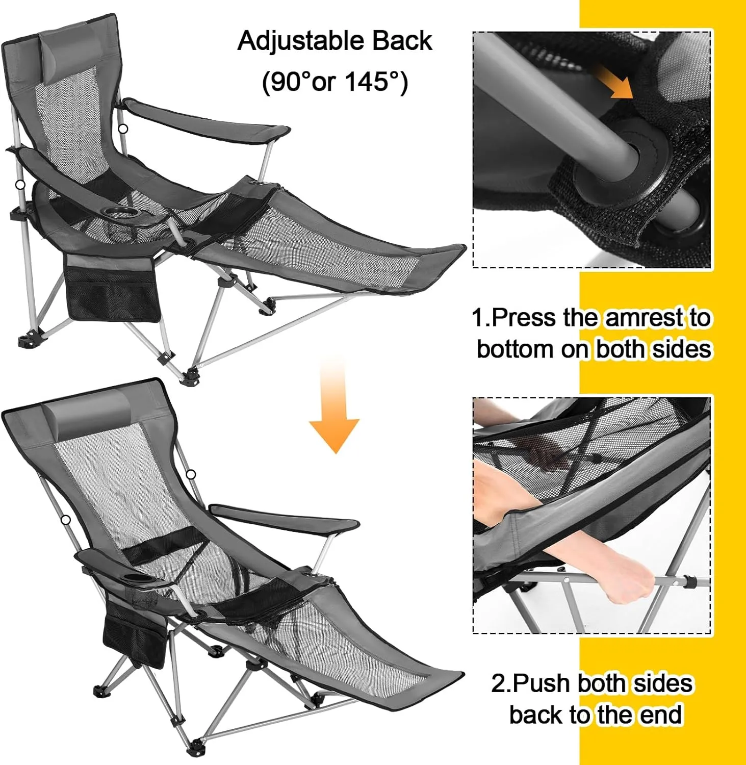 2 Set Reclining Camping Chair with Umbrella, Camping Chair with Foot Rest, Adjustable Chair Umbrella with Clamp, SPF 50 , Folding Mesh Camping Lounger Chair for Outdoor (Grey)