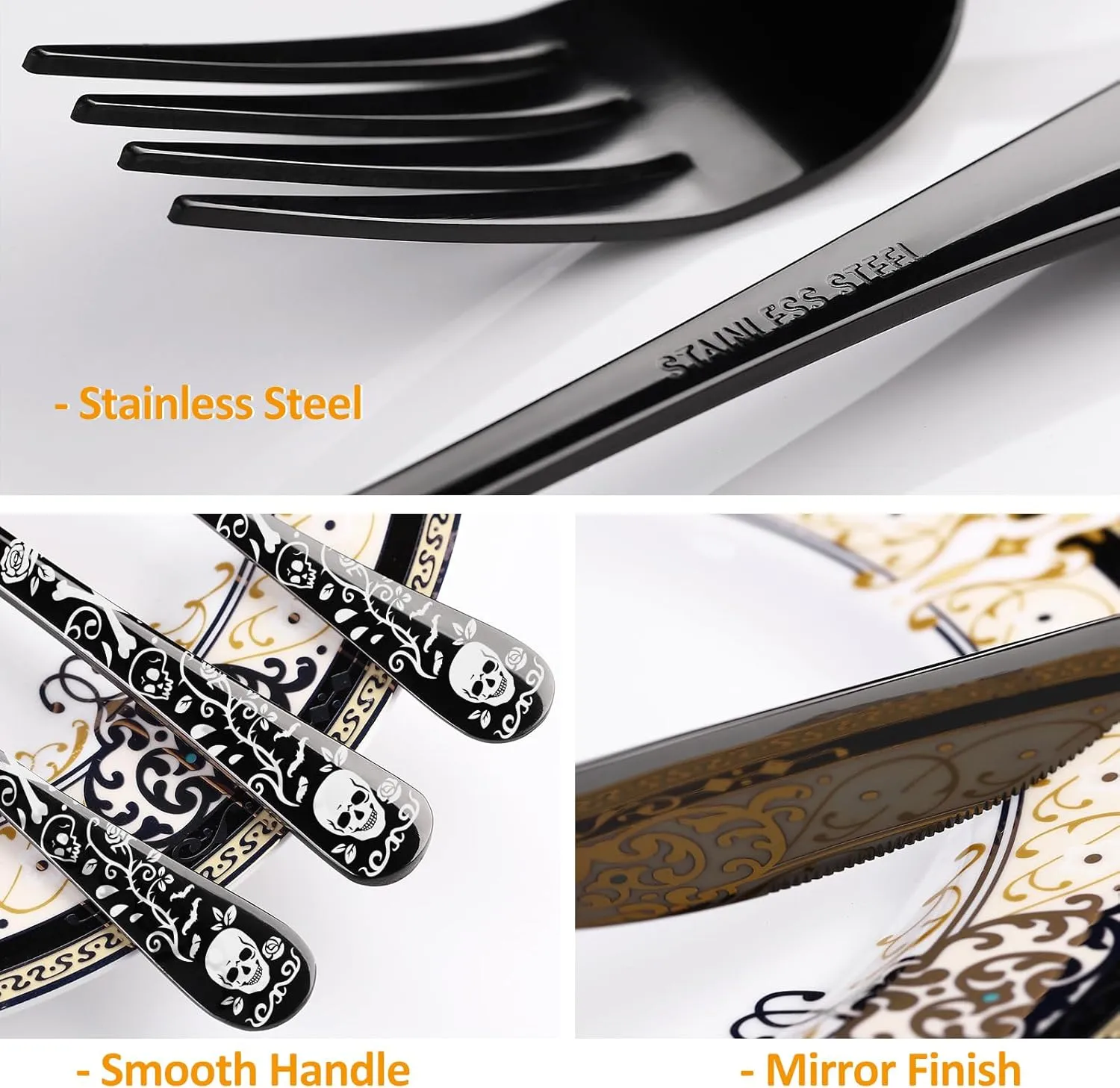 20-Piece Black Skull Silverware Set for 4, Flatware Set Stainless Steel Spoons,Forks,Knife Gothic Pattern Unique Design Utensil Sets Tableware Cutlery, Mirror Polished, Dishwasher Safe Party Supplies