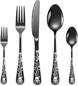 20-Piece Black Skull Silverware Set for 4, Flatware Set Stainless Steel Spoons,Forks,Knife Gothic Pattern Unique Design Utensil Sets Tableware Cutlery, Mirror Polished, Dishwasher Safe Party Supplies