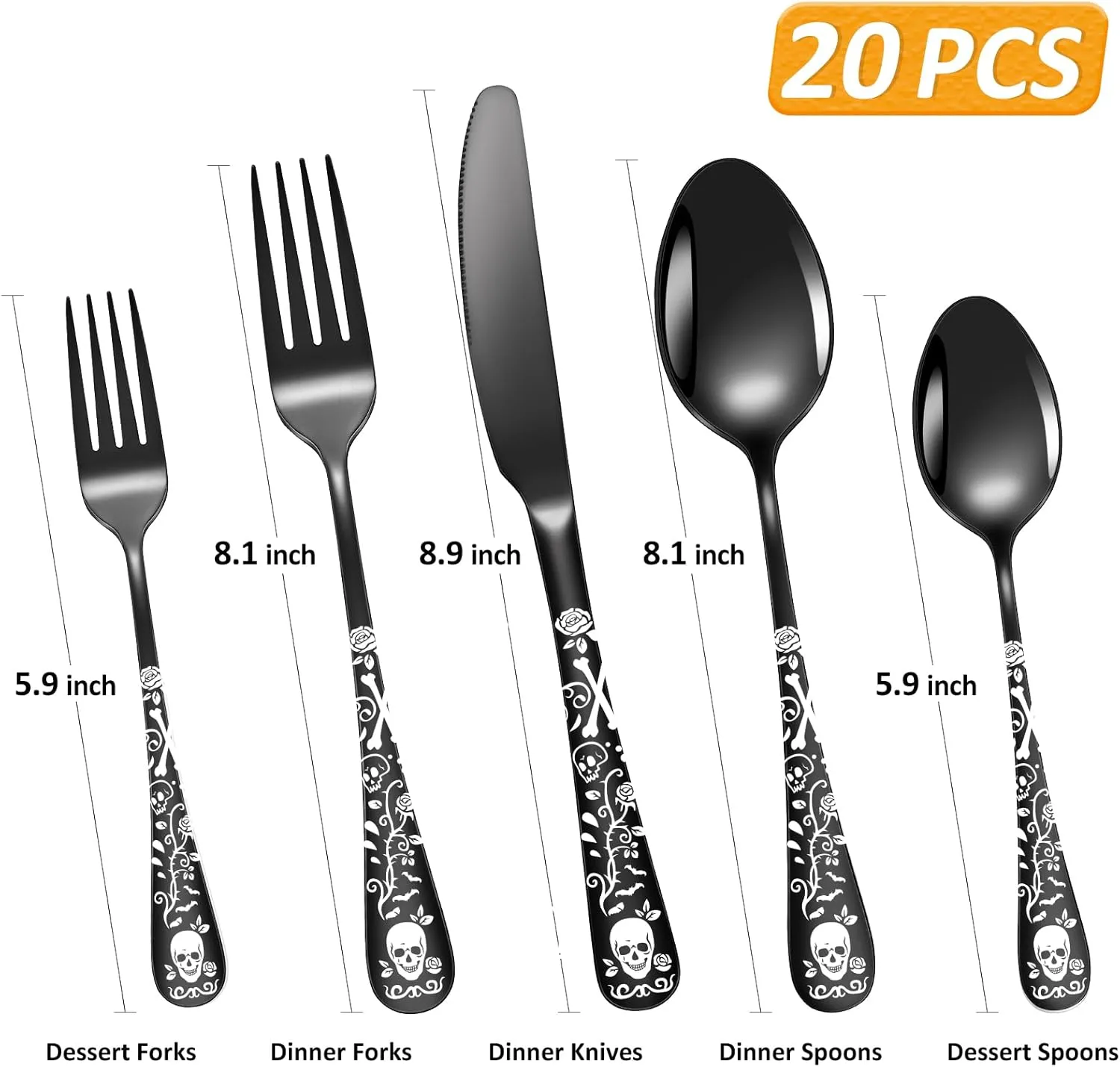 20-Piece Black Skull Silverware Set for 4, Flatware Set Stainless Steel Spoons,Forks,Knife Gothic Pattern Unique Design Utensil Sets Tableware Cutlery, Mirror Polished, Dishwasher Safe Party Supplies