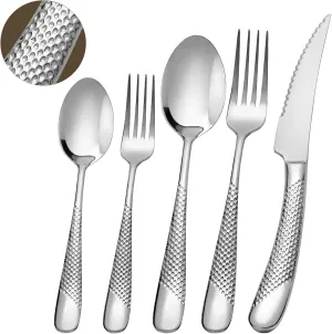 20 Piece Hammered Silver Silverware Set, 18/10 Stainless Steel Flatware Set, Modern Kitchen Utensil Set Service for 4, Tableware Set, Cutlery Set Including Fork Spoon and Knife