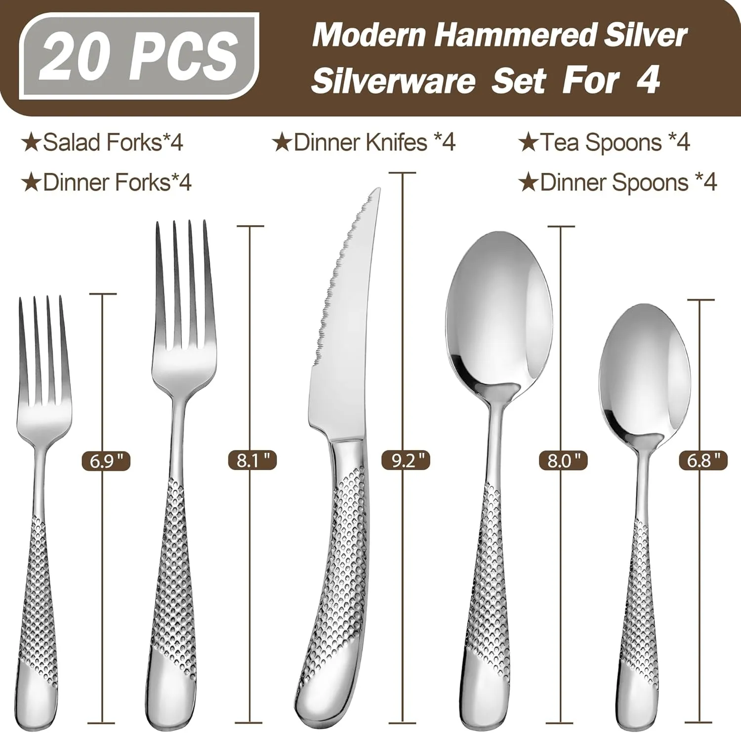 20 Piece Hammered Silver Silverware Set, 18/10 Stainless Steel Flatware Set, Modern Kitchen Utensil Set Service for 4, Tableware Set, Cutlery Set Including Fork Spoon and Knife