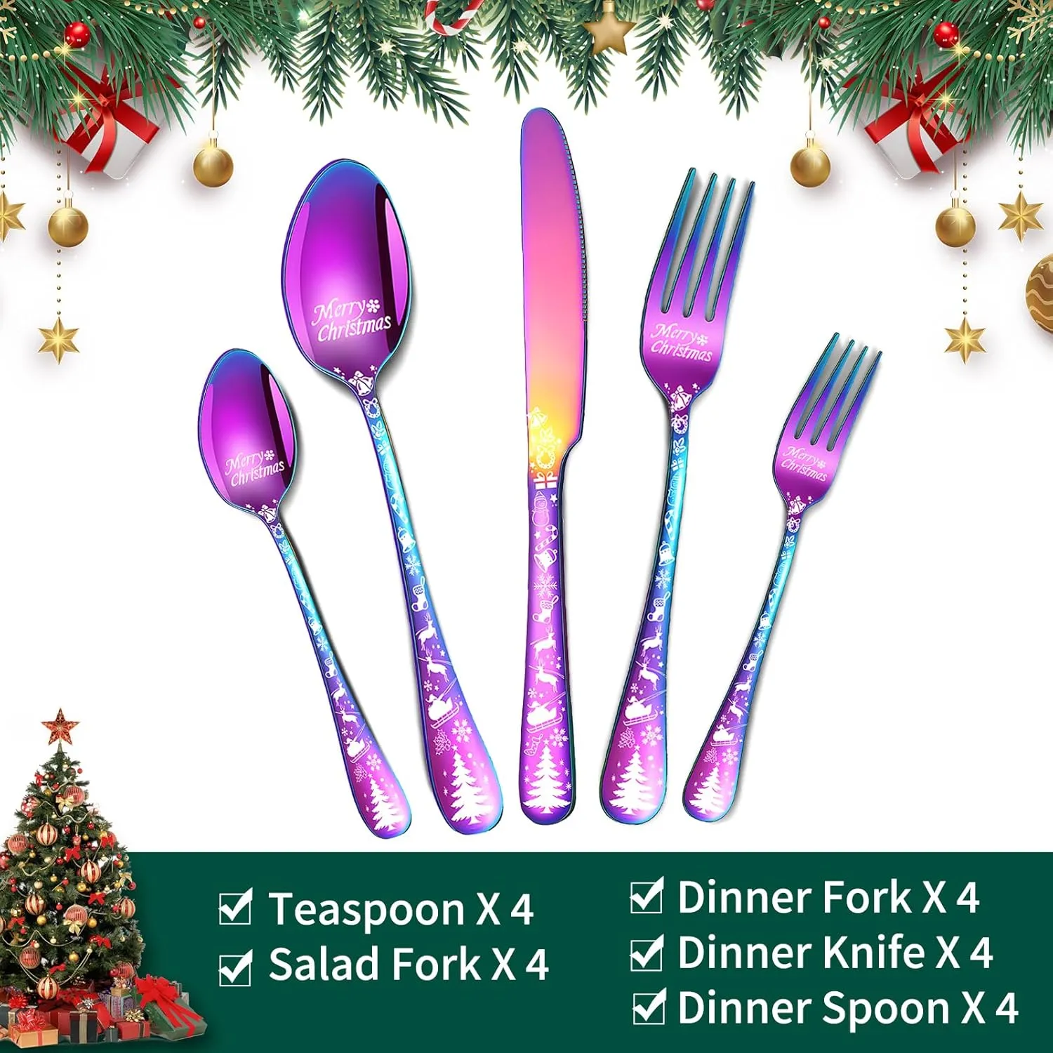 20-Piece Rainbow Silverware Set, Stainless Steel Flatware Set for 4, Tableware Utensils Set with Colorful Spoons Forks Knives, Tableware Cutlery Set for Home Restaurant Party, Dishwasher Safe