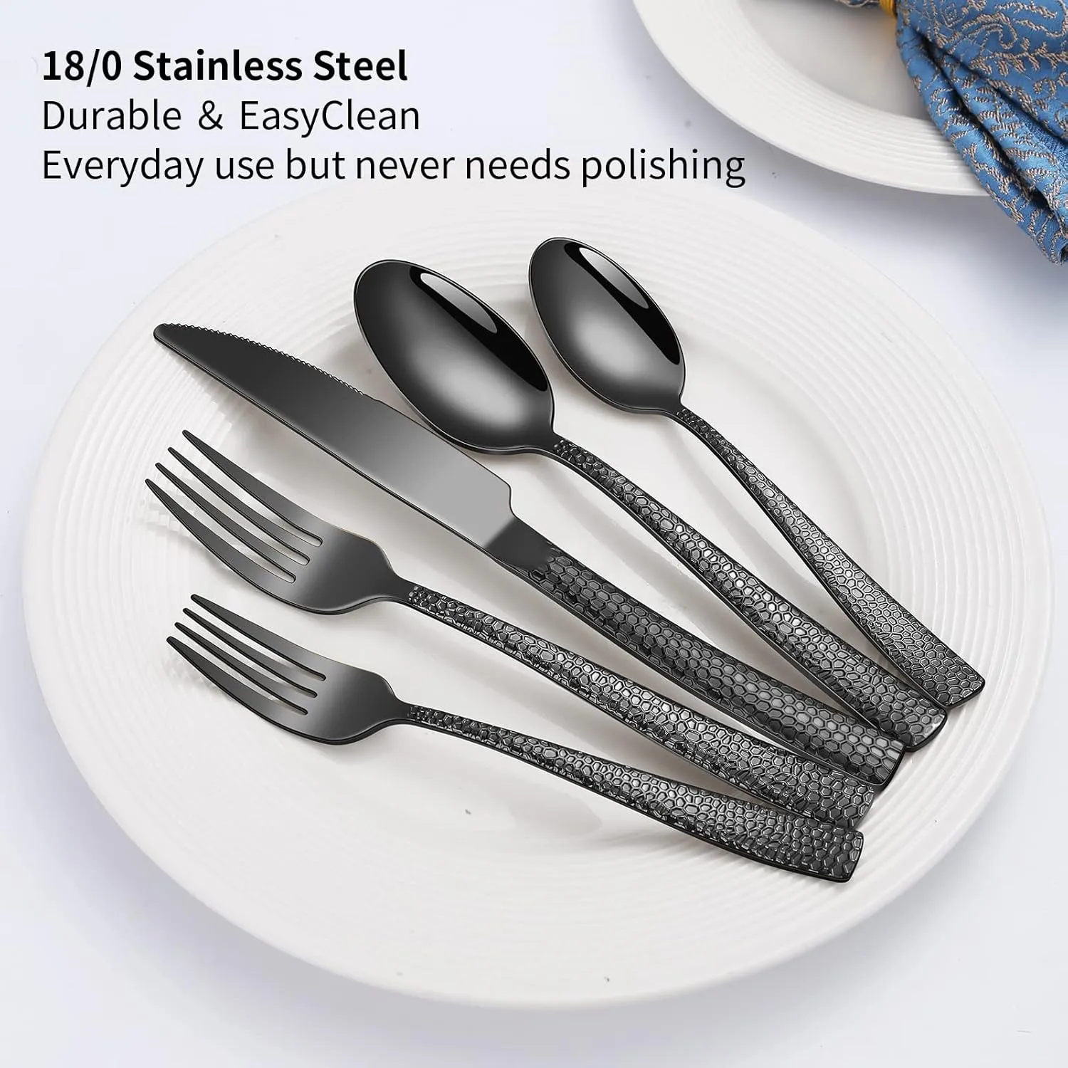 20-Piece Silverware Set, Black Hammered Stainless Steel Flatware for 4, Food-Grade Tableware, Including Fork, Knife, Spoon Set, Home Kitchen Cutlery, Dishwasher Safe