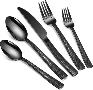 20-Piece Silverware Set, Black Hammered Stainless Steel Flatware for 4, Food-Grade Tableware, Including Fork, Knife, Spoon Set, Home Kitchen Cutlery, Dishwasher Safe