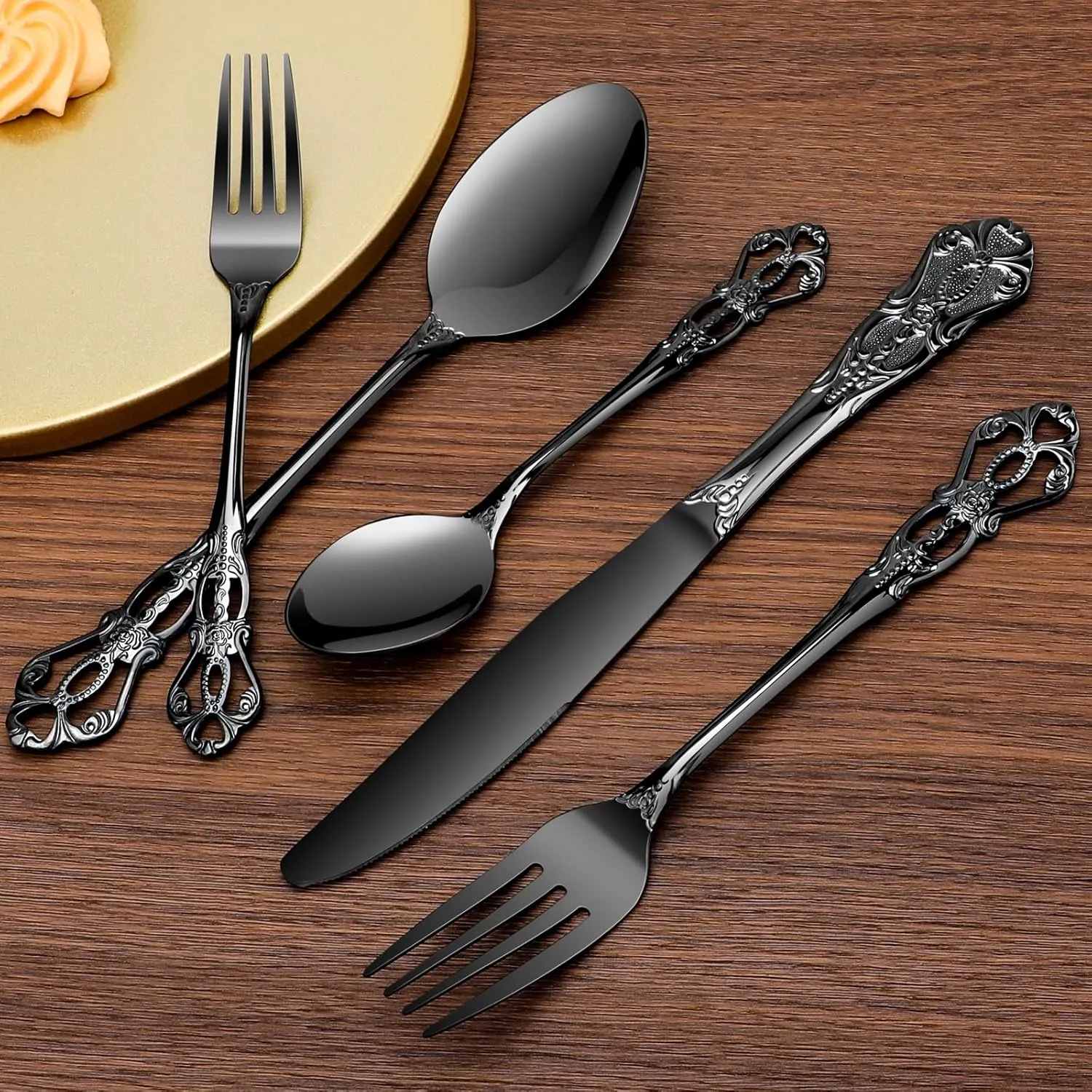 20 Piece Silverware Set Service for 4,Premium Stainless Steel Flatware Set,Mirror Polished Cutlery Utensil Set,Durable Home Kitchen Eating Tableware Set (Black)