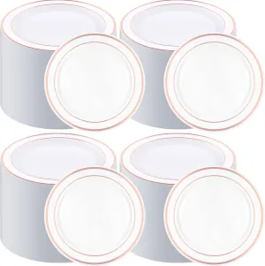 200 Pieces Disposable Plates Plastic Party Plates with Rim Hard Plastic Appetizer Salad Dessert 7.5 Inch Elegant Heavy Duty Tableware for Dinner Wedding Party Supplies(Rose Gold Rim)
