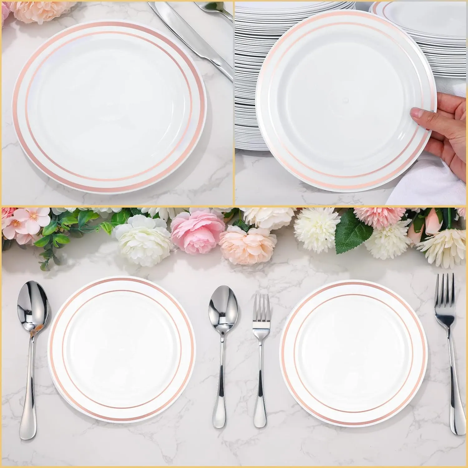 200 Pieces Disposable Plates Plastic Party Plates with Rim Hard Plastic Appetizer Salad Dessert 7.5 Inch Elegant Heavy Duty Tableware for Dinner Wedding Party Supplies(Rose Gold Rim)