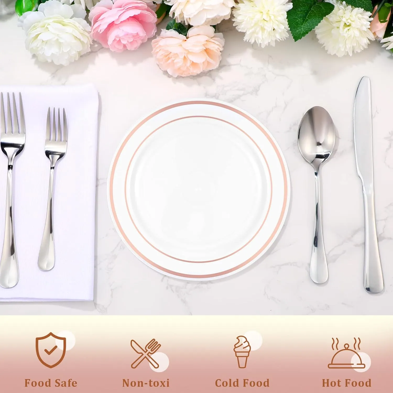 200 Pieces Disposable Plates Plastic Party Plates with Rim Hard Plastic Appetizer Salad Dessert 7.5 Inch Elegant Heavy Duty Tableware for Dinner Wedding Party Supplies(Rose Gold Rim)