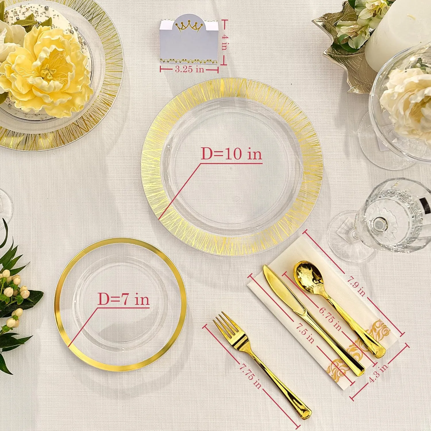 200 Pieces Gold Plate Disposable Heavy Duty - Gold Plastic Plates and Napkins Party Supplies - Wedding Plastic Dinnerware Set for 25 Guests 7” & 10” Plates, Cutlery, Napkins & Name Cards