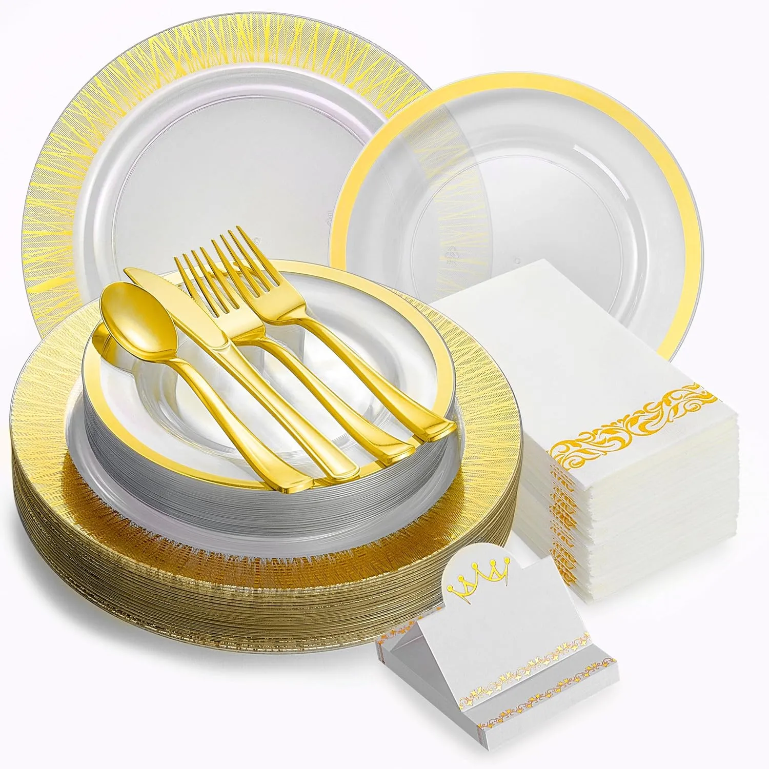 200 Pieces Gold Plate Disposable Heavy Duty - Gold Plastic Plates and Napkins Party Supplies - Wedding Plastic Dinnerware Set for 25 Guests 7” & 10” Plates, Cutlery, Napkins & Name Cards