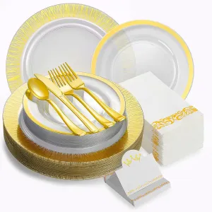 200 Pieces Gold Plate Disposable Heavy Duty - Gold Plastic Plates and Napkins Party Supplies - Wedding Plastic Dinnerware Set for 25 Guests 7” & 10” Plates, Cutlery, Napkins & Name Cards