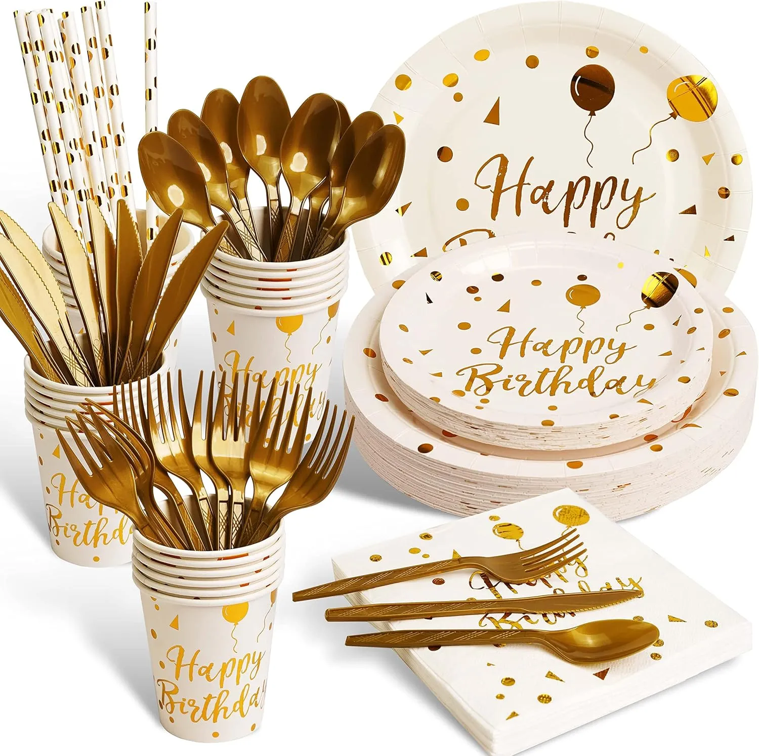200 pieces of white and gold birthday party supplies, disposable happy birthday tableware set, gold plastic knives, forks, spoons, straws. Birthday themed tray, cup,25Guests（white）