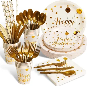 200 pieces of white and gold birthday party supplies, disposable happy birthday tableware set, gold plastic knives, forks, spoons, straws. Birthday themed tray, cup,25Guests（white）