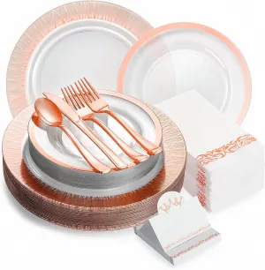 200 Pieces Rose Gold Plate Disposable Heavy Duty - Gold Plastic Plates and Napkins Party Supplies - Wedding Plastic Dinnerware Set for 25 Guests 7” & 10” Plates, Cutlery, Napkins & Name Cards