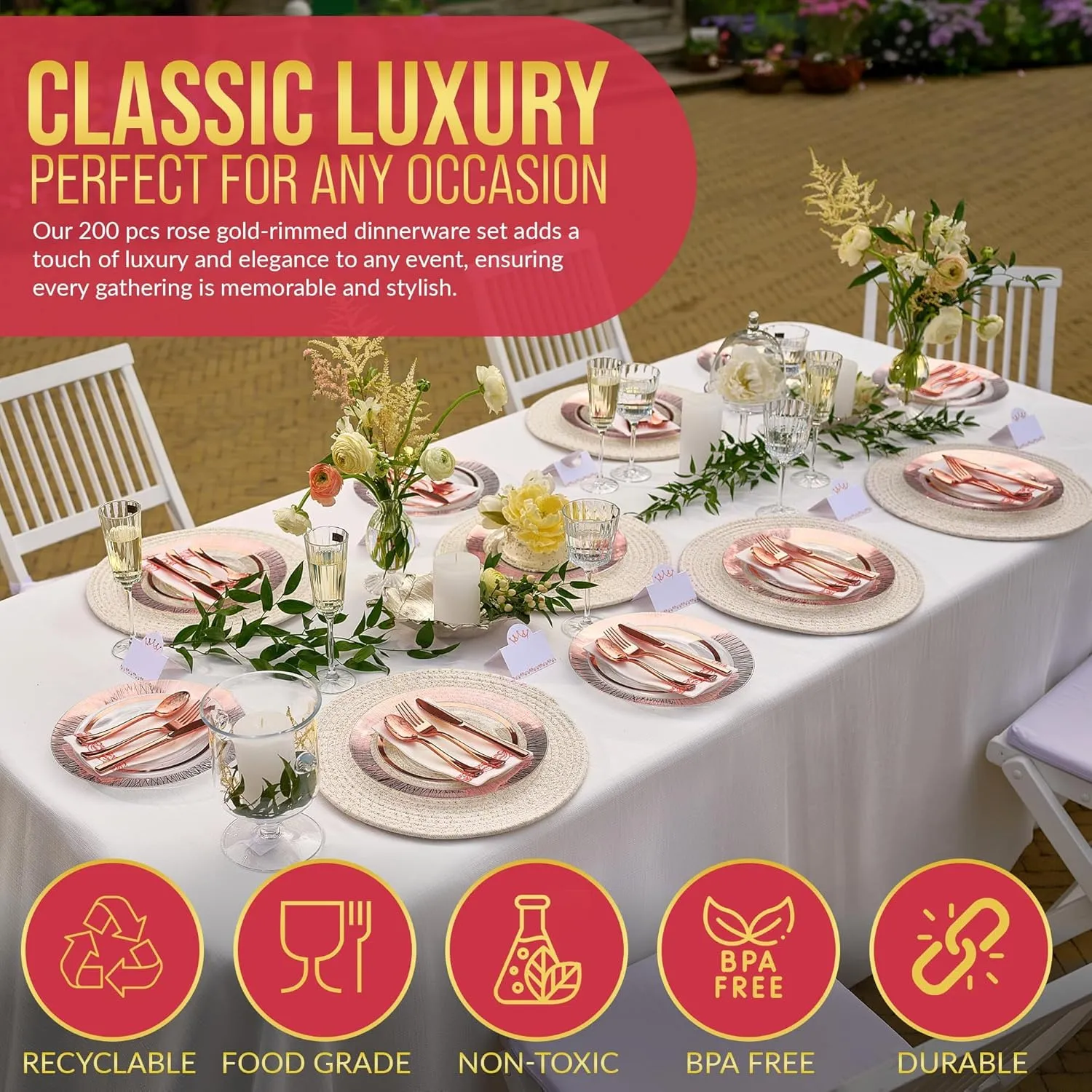 200 Pieces Rose Gold Plate Disposable Heavy Duty - Gold Plastic Plates and Napkins Party Supplies - Wedding Plastic Dinnerware Set for 25 Guests 7” & 10” Plates, Cutlery, Napkins & Name Cards