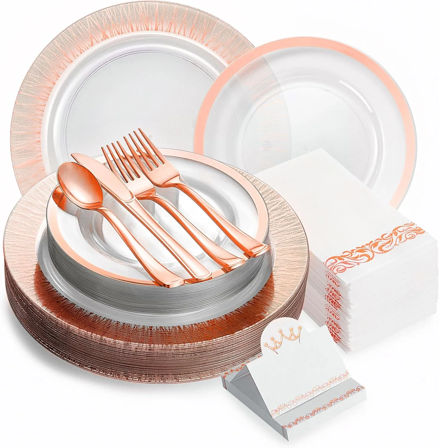 200 Pieces Rose Gold Plate Disposable Heavy Duty - Gold Plastic Plates and Napkins Party Supplies - Wedding Plastic Dinnerware Set for 25 Guests 7” & 10” Plates, Cutlery, Napkins & Name Cards