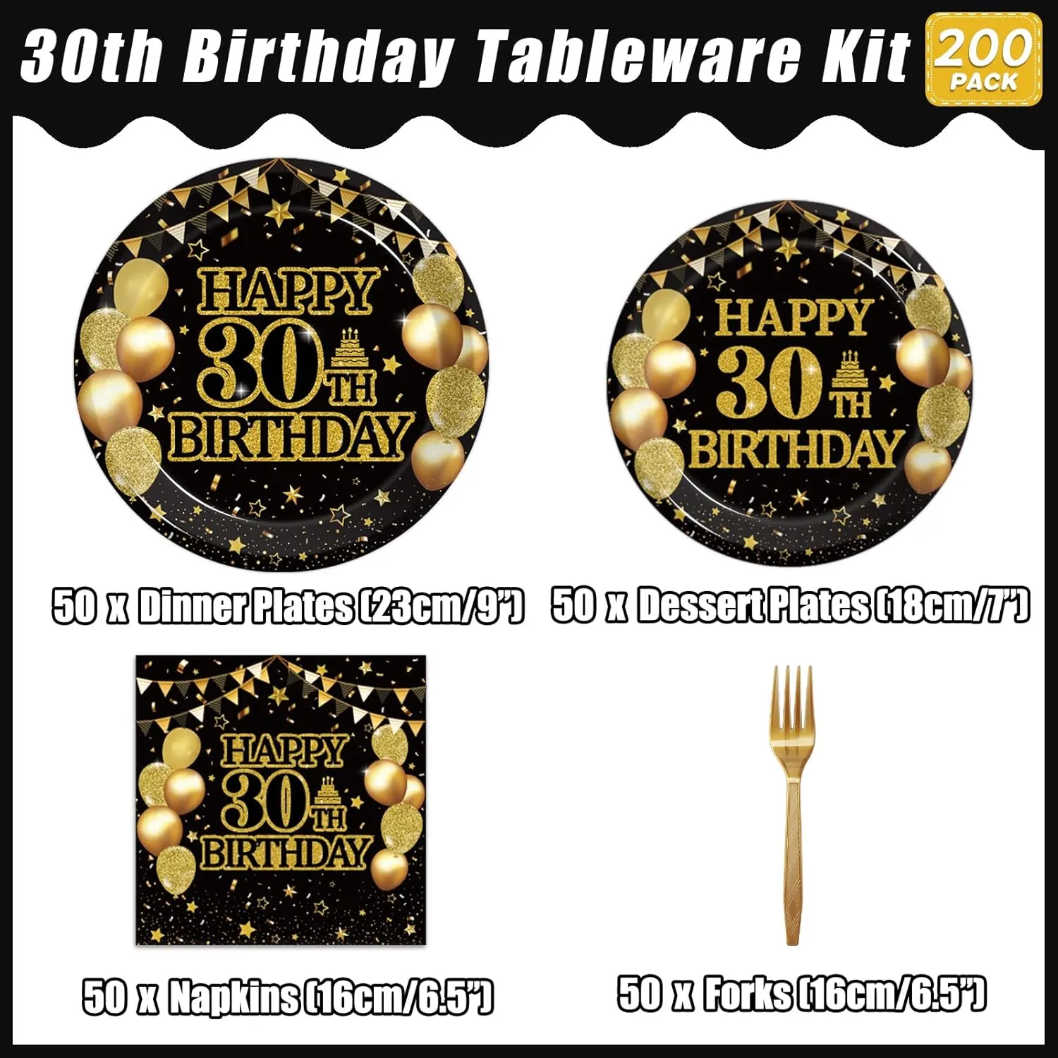 200Pcs 30th Birthday Party Tableware Set, Back in 1995 Birthday Party Decorations Supplies for Men Women Cheers to 30 Years Birthday Party Dessert Plates Napkins Forks Favors, Serve 50