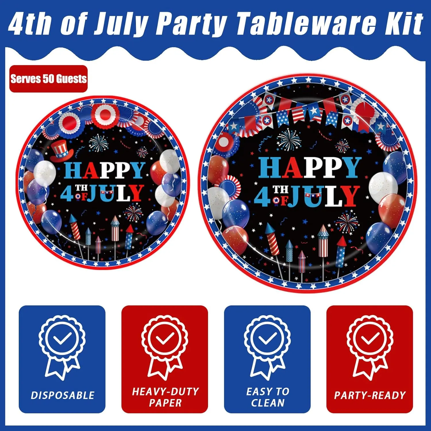 200Pcs 4th of July Patriotic Party Plates, Independence Day Party Decorations Supplies Fourth of July American Flag Memorial Veterans Day Party Tableware Disposable Dinnerware Set , Serves 50