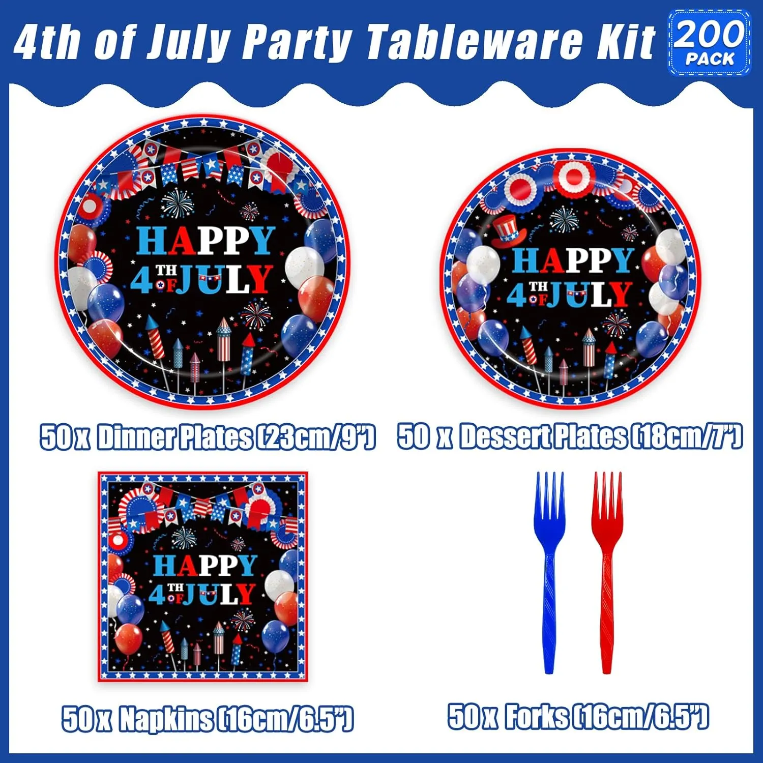 200Pcs 4th of July Patriotic Party Plates, Independence Day Party Decorations Supplies Fourth of July American Flag Memorial Veterans Day Party Tableware Disposable Dinnerware Set , Serves 50