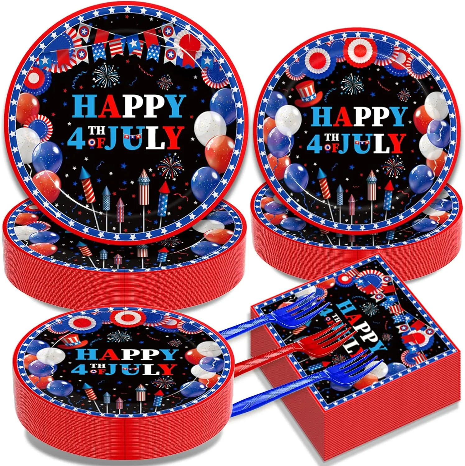 200Pcs 4th of July Patriotic Party Plates, Independence Day Party Decorations Supplies Fourth of July American Flag Memorial Veterans Day Party Tableware Disposable Dinnerware Set , Serves 50