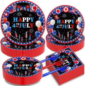 200Pcs 4th of July Patriotic Party Plates, Independence Day Party Decorations Supplies Fourth of July American Flag Memorial Veterans Day Party Tableware Disposable Dinnerware Set , Serves 50