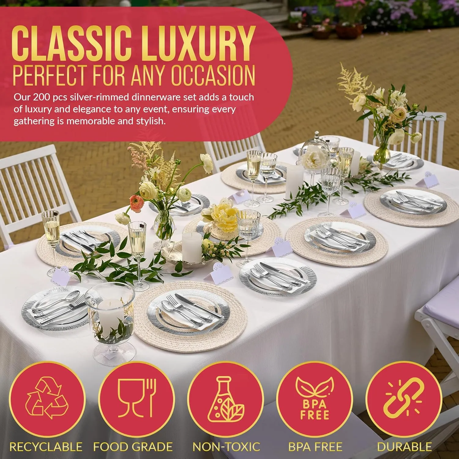 200Pcs BPA-Free Elegant Silver Rimmed Heavy Duty Plastic Disposable Plates And Napkins Party Supplies Wedding Disposable Dinnerware Set For 25 Guests 7” & 10” Plates Cutlery Napkins & Guests Cards