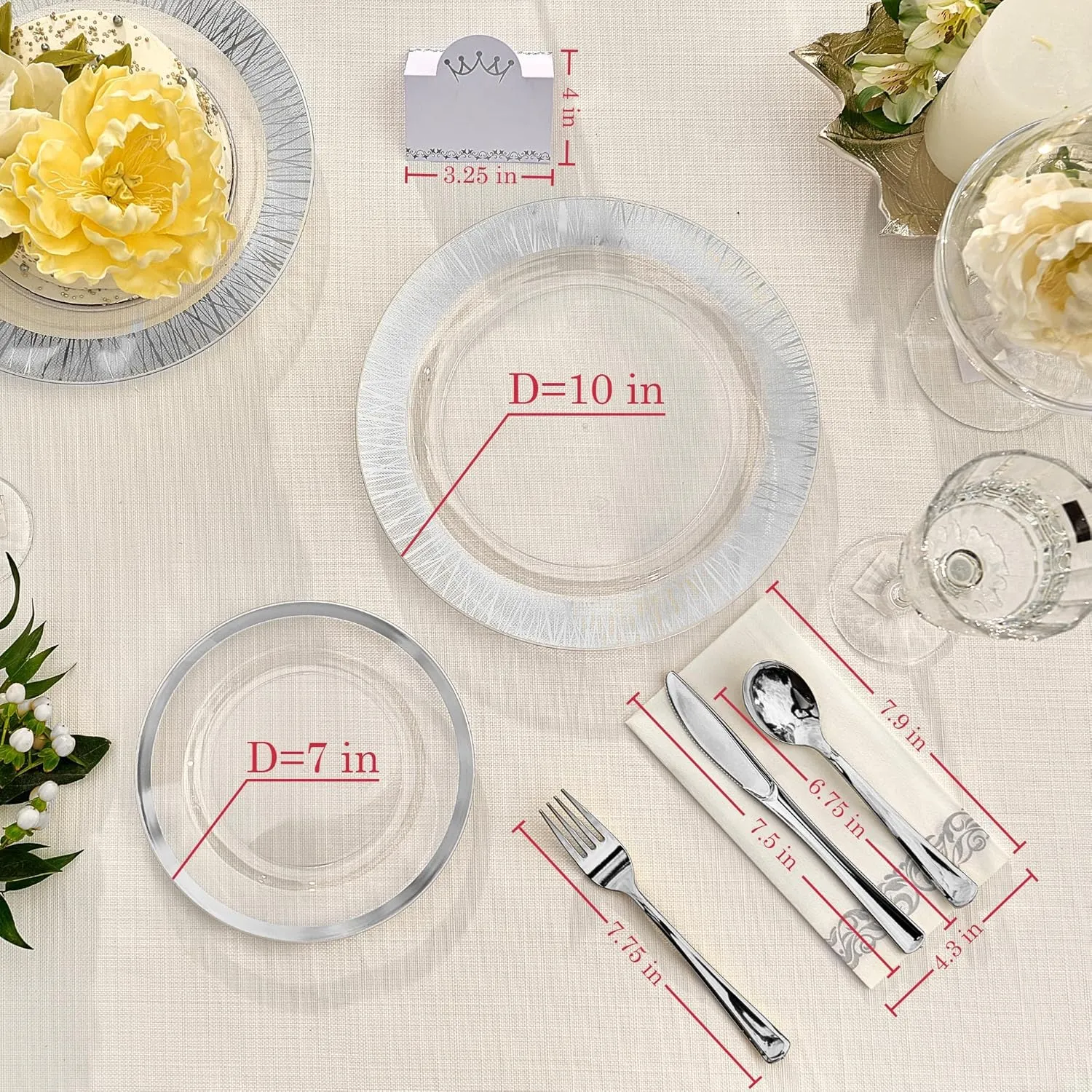 200Pcs BPA-Free Elegant Silver Rimmed Heavy Duty Plastic Disposable Plates And Napkins Party Supplies Wedding Disposable Dinnerware Set For 25 Guests 7” & 10” Plates Cutlery Napkins & Guests Cards