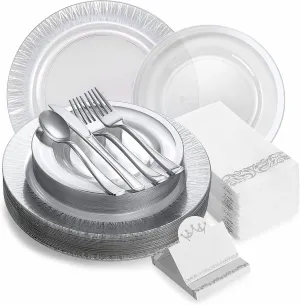 200Pcs BPA-Free Elegant Silver Rimmed Heavy Duty Plastic Disposable Plates And Napkins Party Supplies Wedding Disposable Dinnerware Set For 25 Guests 7” & 10” Plates Cutlery Napkins & Guests Cards
